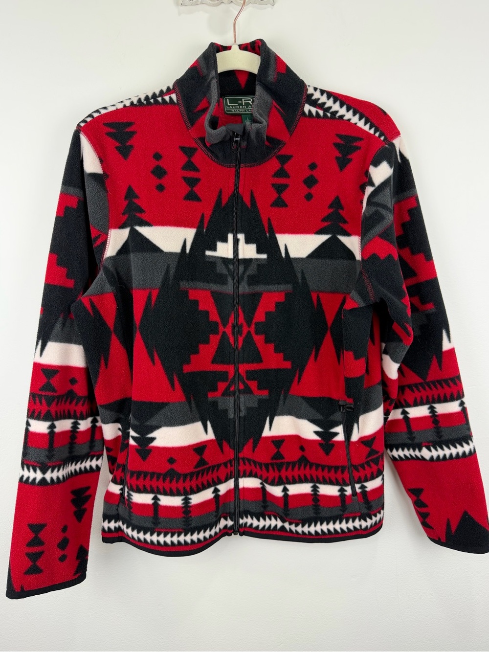 L-RL Lauren Active Ralph Lauren Southwestern Fleece Jacket Red Black L
